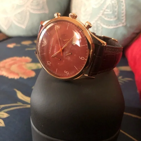 Emporio Armani Classic Chronograph Burgundy Dial Leather Strap Watch for Men - Picture 8 of 12